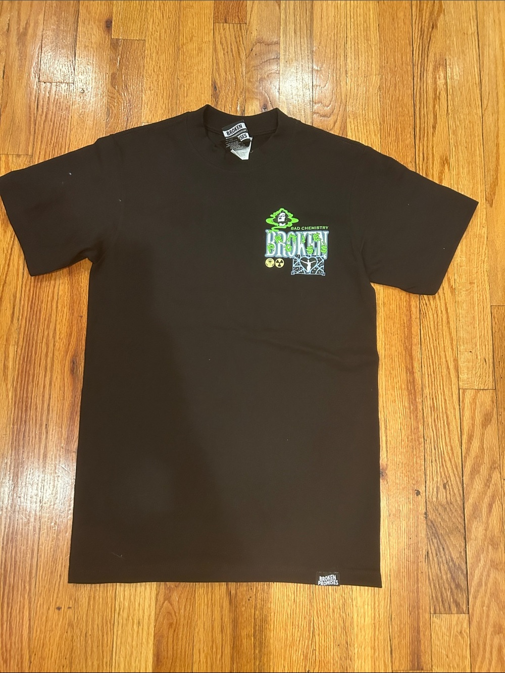 Broken Promises Bad Chemistry Black Tee with Neon Green & White Graphic. Size S